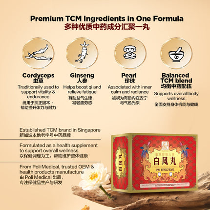 Golden Sun Brand Cordyceps Pearl & Ginseng Pai Feng Wan (6 x 10g)金亮牌虫草珍珠人参白凤丸